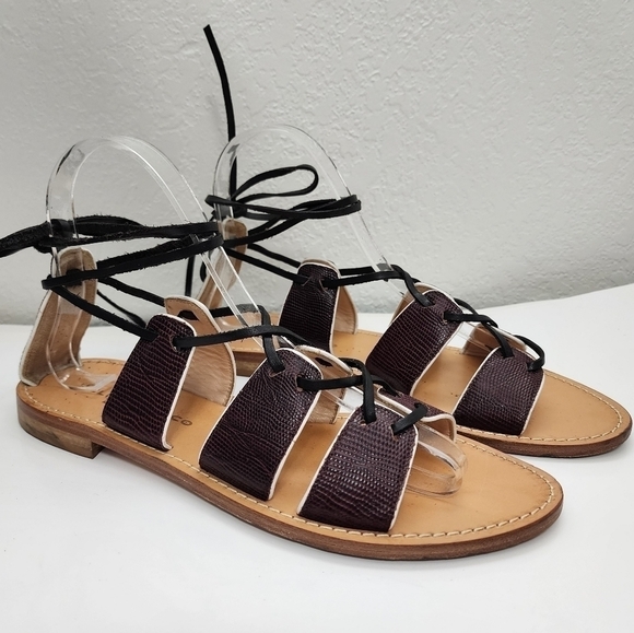 Club Monaco Brown Leather & Black Cord Laces Flat Gladiator Sandals Size 37.5 - Picture 1 of 9